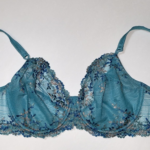 36E 36DD Wacoal Sling lift Teal Floral Embroider Underwire Bra 65191 Loop Straps - Picture 1 of 16